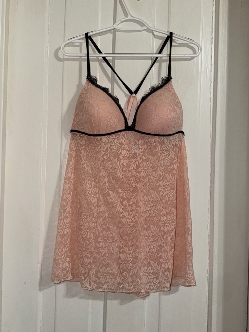 Women's size XL Sheer Lace Chemise Nightgown in Blush with Black Trim lace 16/18